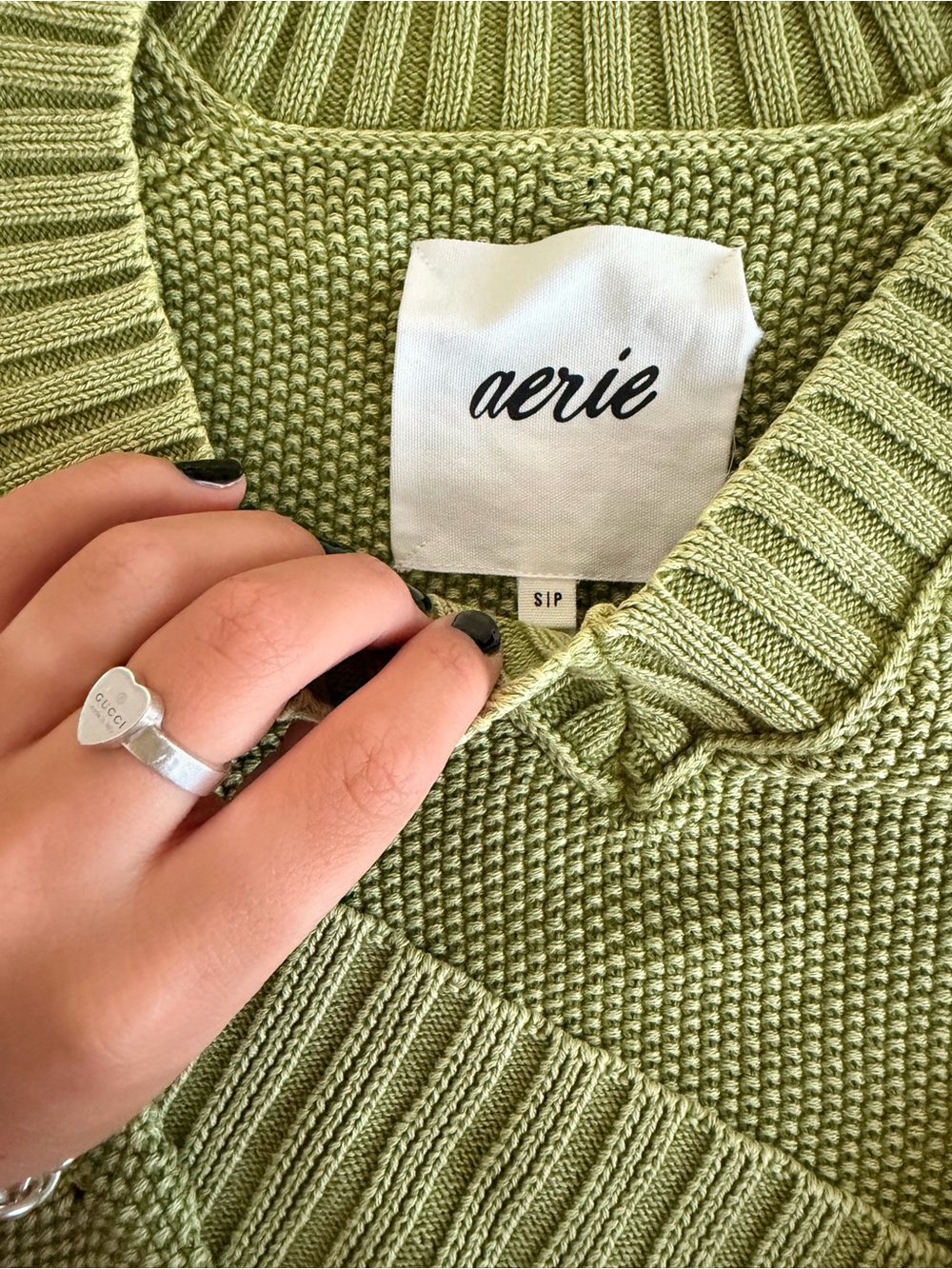 aerie Olive Green Textured Crewneck Sweater